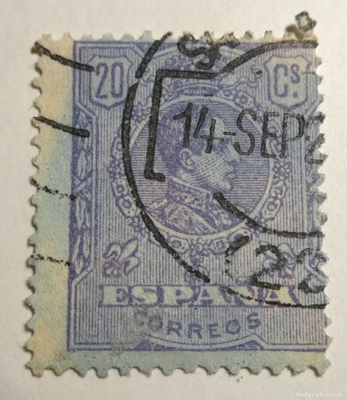 Sellos: Sello postal Espa&ntilde;a Alfonso XIII 20 c&eacute;ntimos de 1909 Tipo Medall&oacute;n