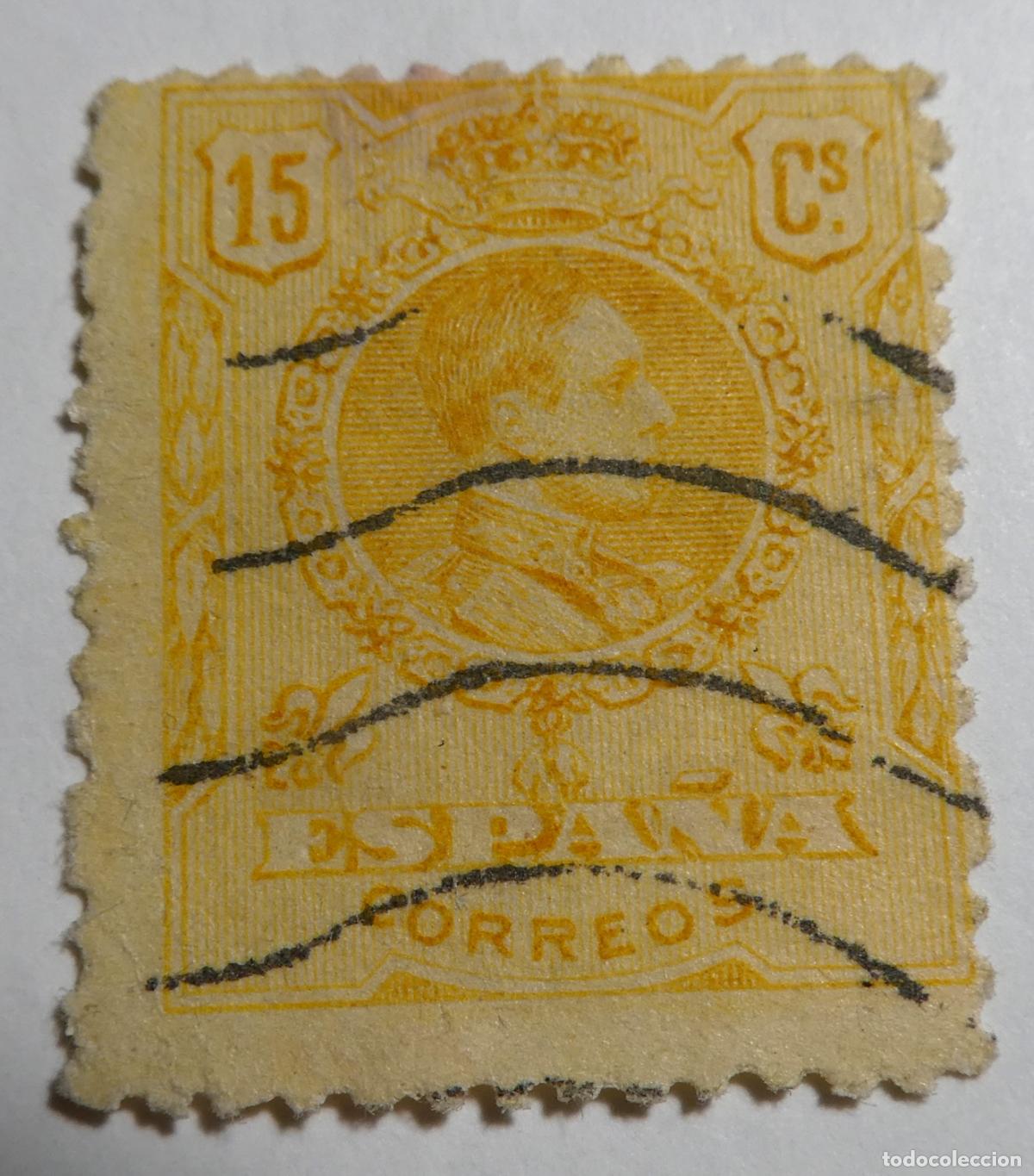 Sellos: Sello postal Espa&ntilde;a Alfonso XIII 15 c&eacute;ntimos de 1909 Tipo Medall&oacute;n