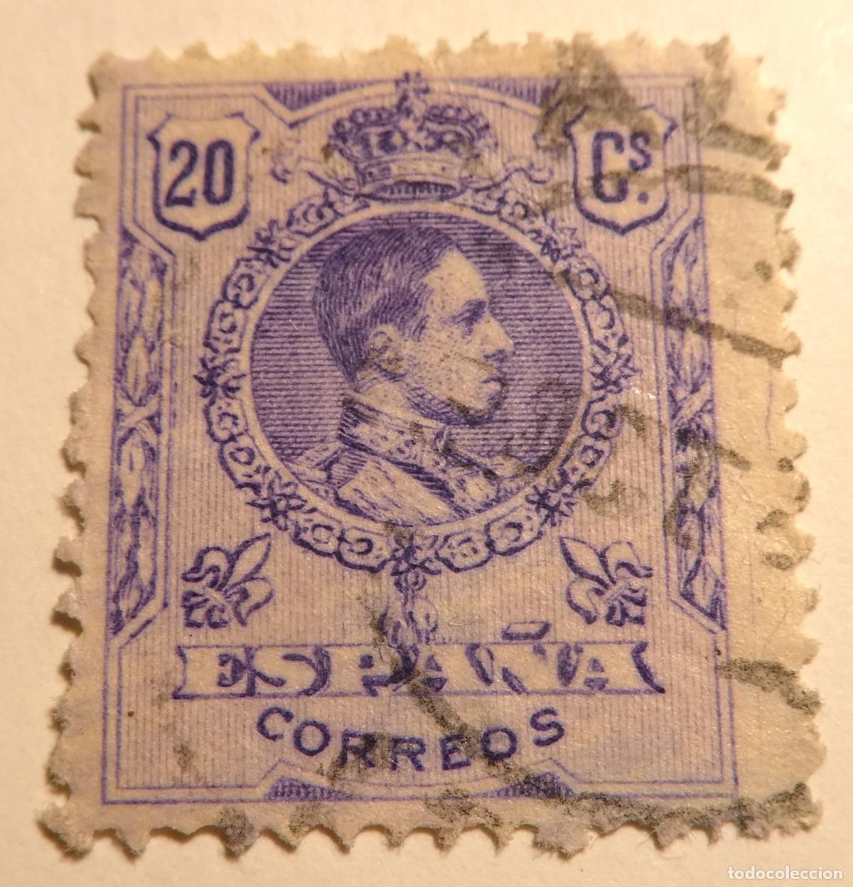 Sellos: Sello postal Espa&ntilde;a Alfonso XIII 20 c&eacute;ntimos de 1909 Tipo Medall&oacute;n