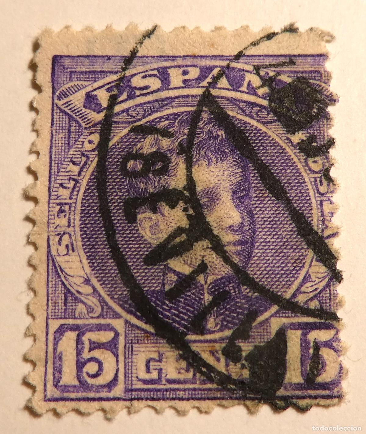 Sellos: Sello postal Espa&ntilde;a Alfonso XIII 15 c&eacute;ntimos de 1901 Tipo Cadete, matasellos de Sevilla