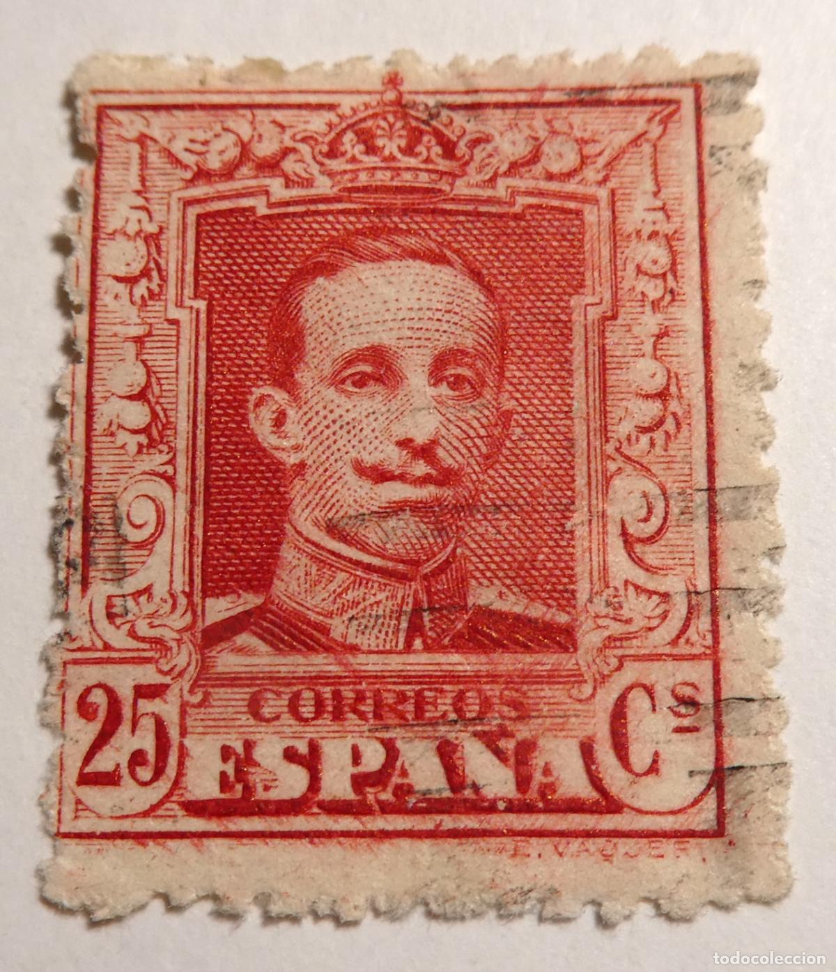 Sellos: Sello postal Espa&ntilde;a Alfonso XIII 25 c&eacute;ntimos de 1922Tipo Vaquer