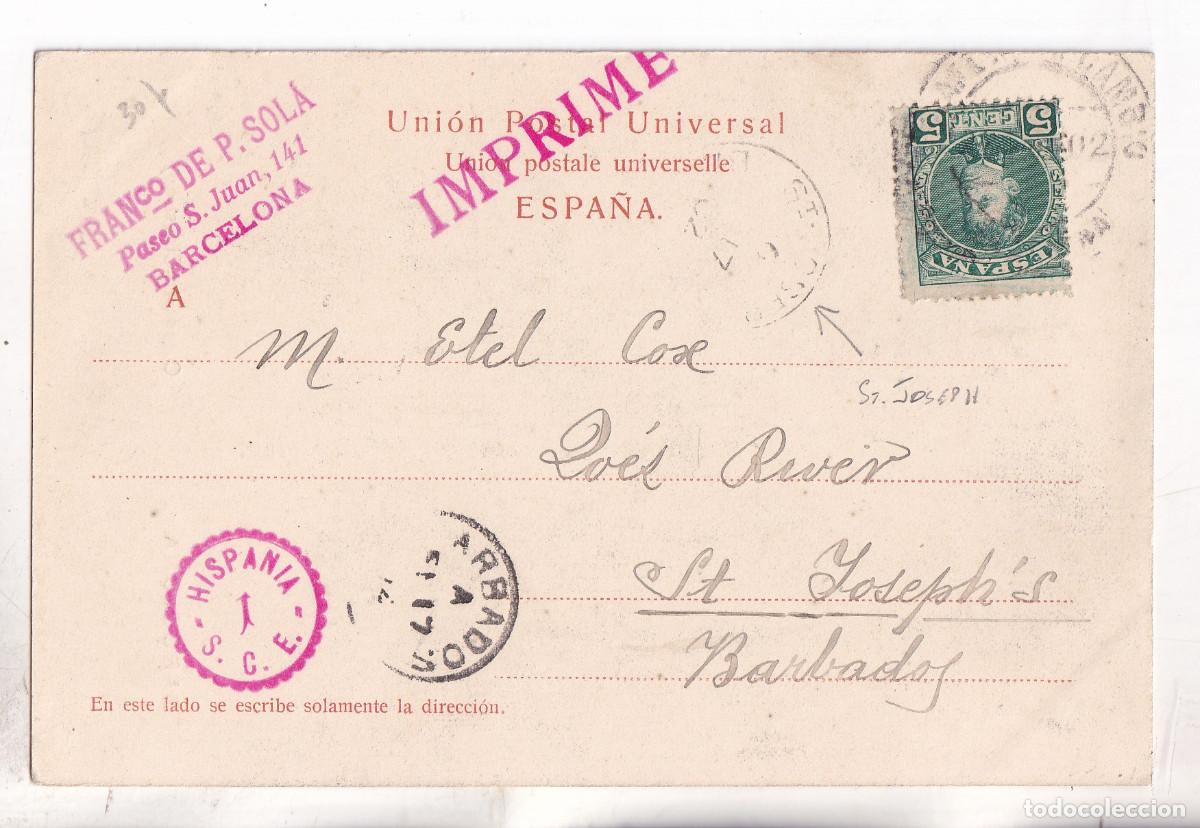 Sellos: POSTAL. IMPRESOS. BARCELONA. ESTAFETA DE CAMBIO. 1902. A BARBADOS. ANTILLAS