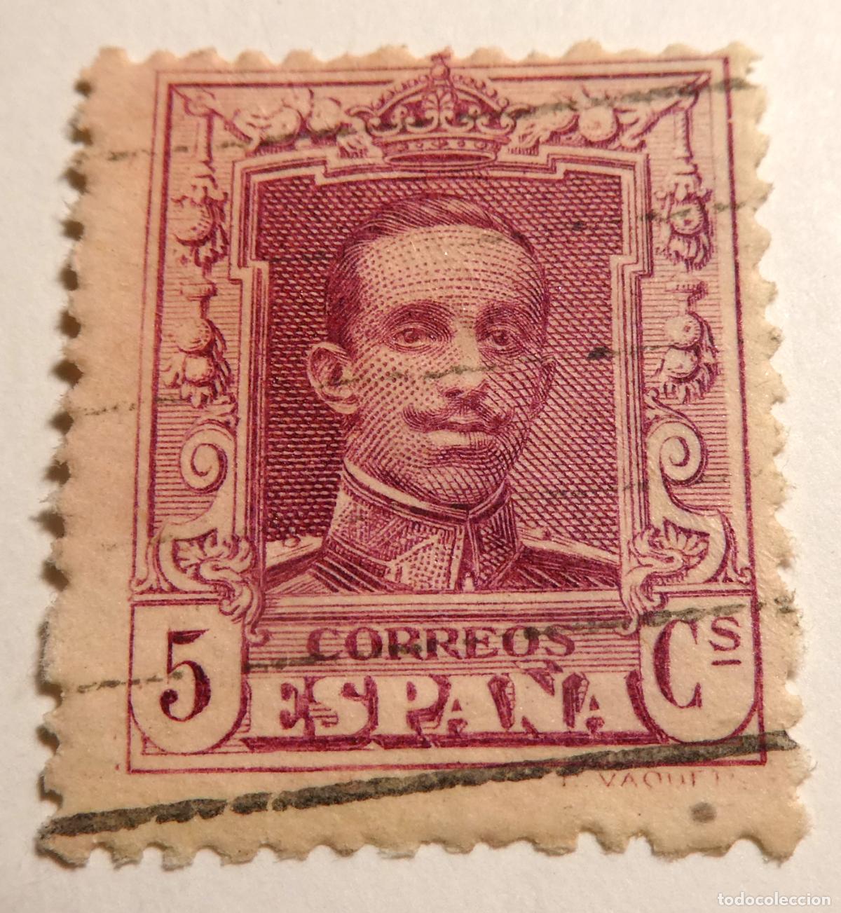 Sellos: Sello postal Espa&ntilde;a Alfonso XIII 5 c&eacute;ntimos de 1922 Tipo Vaquer