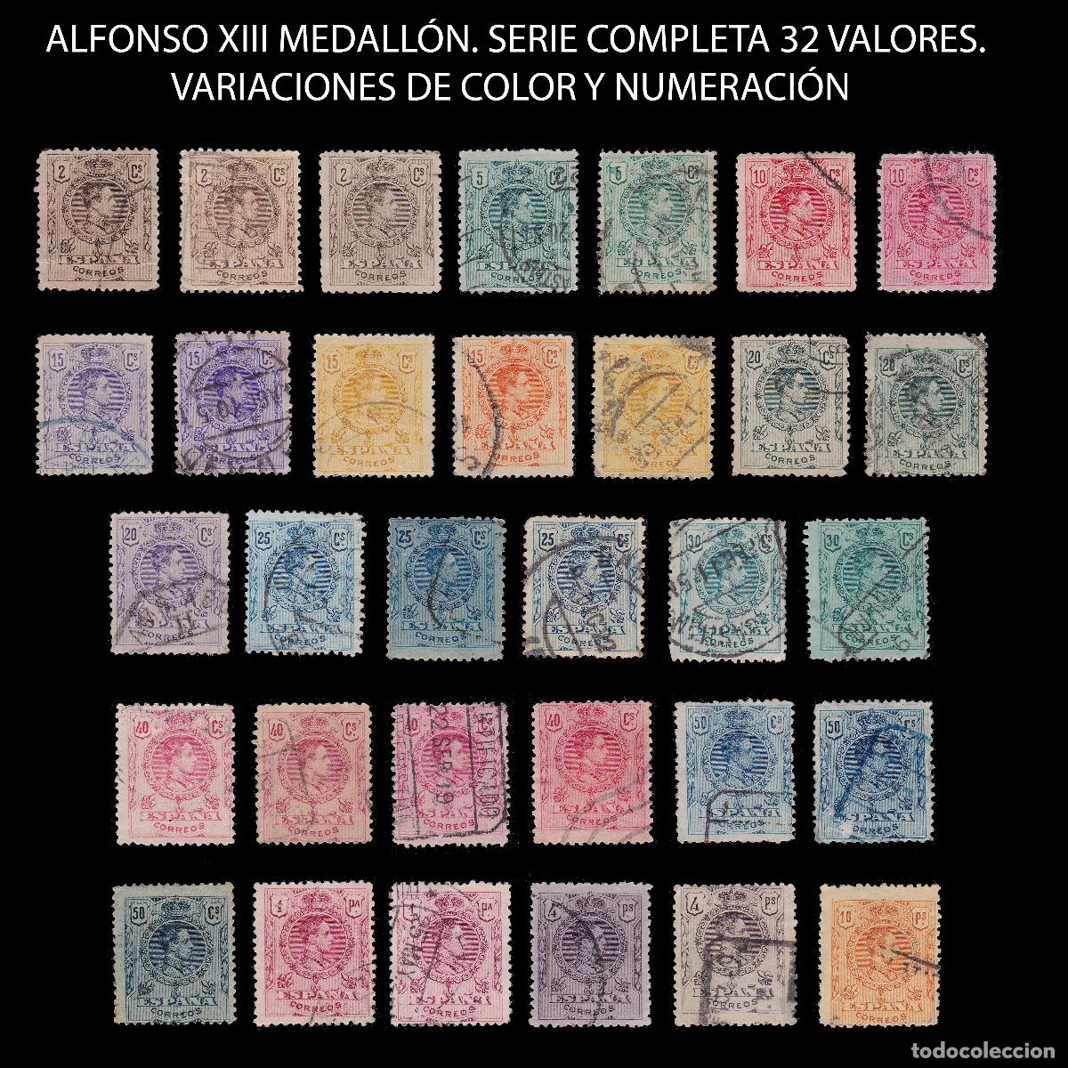 Sellos: Alfonso XIII 1909-22. Serie + variaciones. Matasello. Edifil 267-280 + OBSEQUIO.
