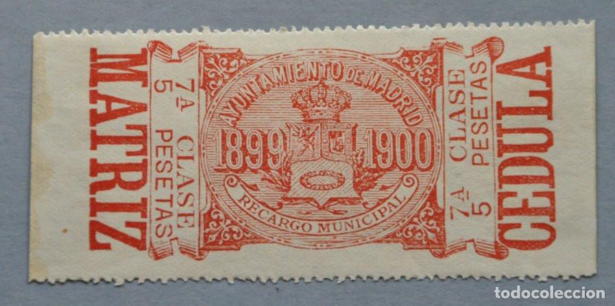 Sellos: SELLO FISCAL 1899-1900 - RECARGO MUNICIPAL DEL AYUNTAMIENTO DE MADRID - 5 PESETAS 7&ordf; CLASE