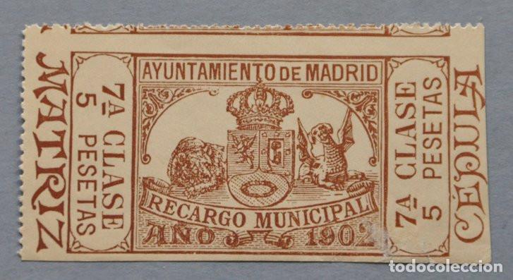 Sellos: SELLO FISCAL 1902 - RECARGO MUNICIPAL DEL AYUNTAMIENTO DE MADRID - 5 PESETAS 7&ordf; CLASE