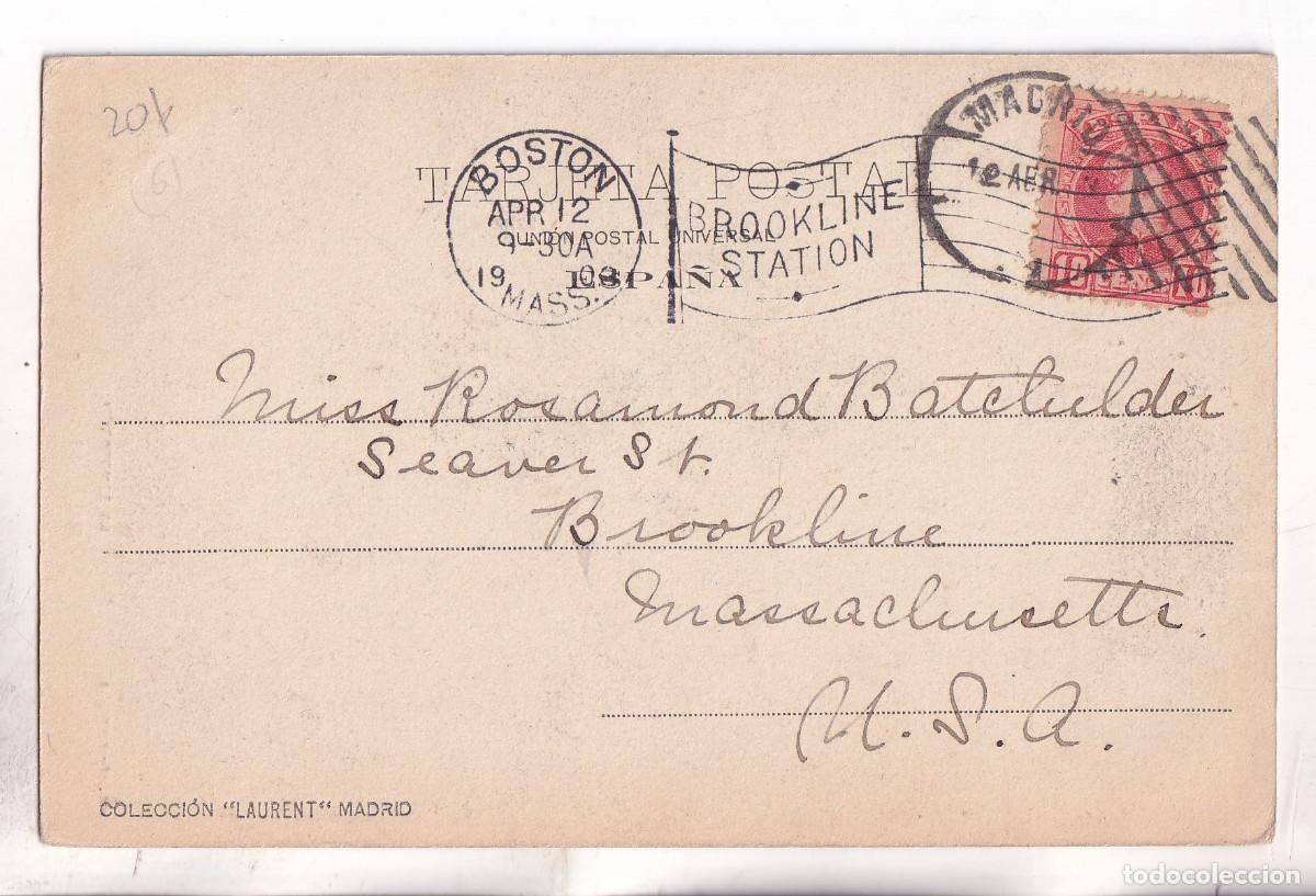 Sellos: POSTAL. MADRID A ESTADOS UNIDOS. 1903. MATASELLOS EXPERIMENTAL Y RODILLO LLEGADA SOBRE EL SELLO