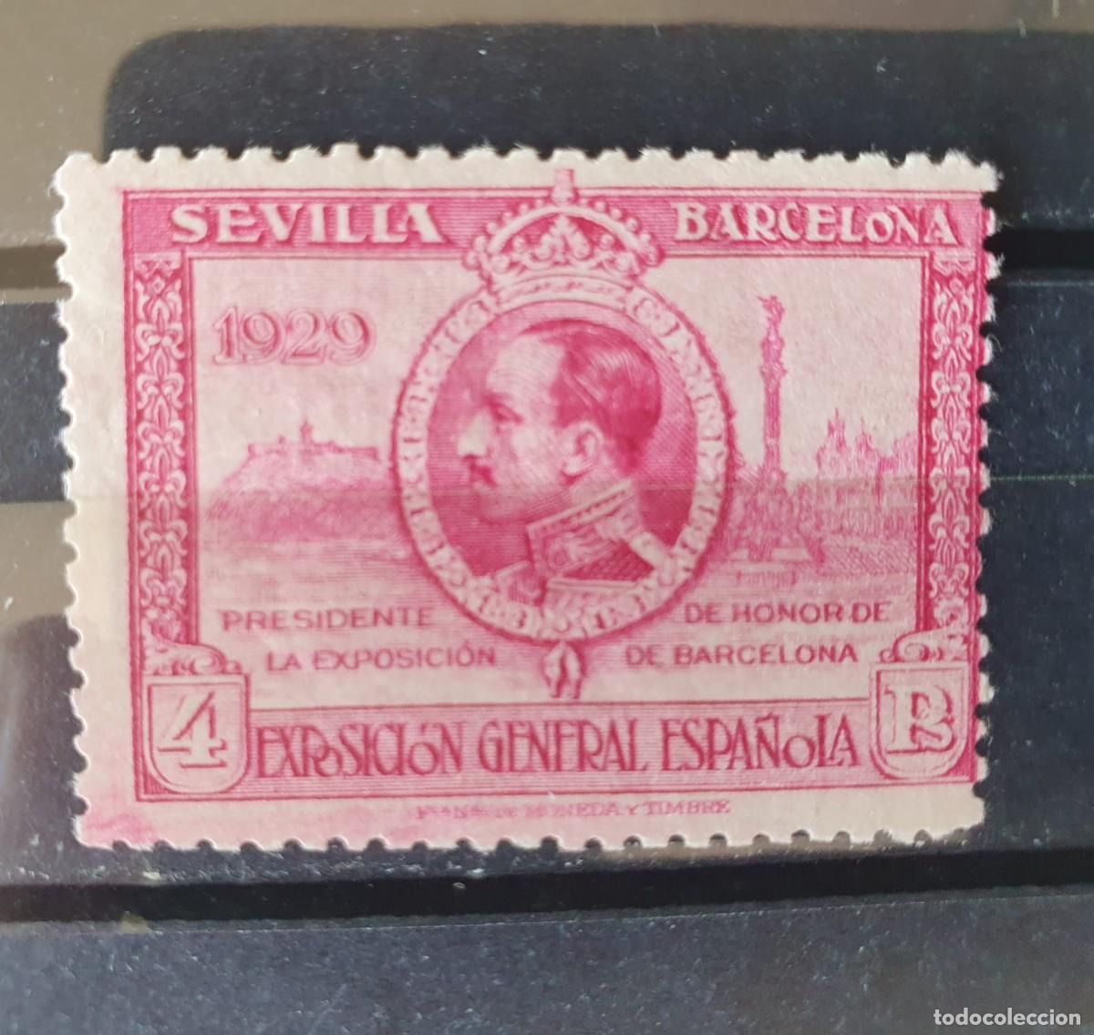 Sellos: EDIFIL 445 ** LILA ROSACEO 4 PESETAS ESPA&Ntilde;A 1929 N&ordm; SERIE 1000