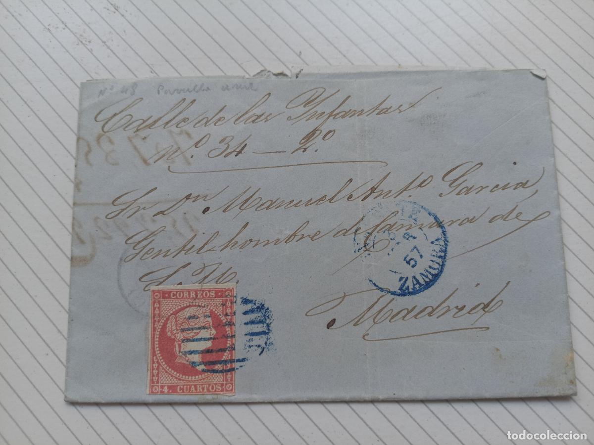 Sellos: Zamora a Madrid. Carta entera. Camarlengo, gentilhombre de c&aacute;mara. Parrilla azul