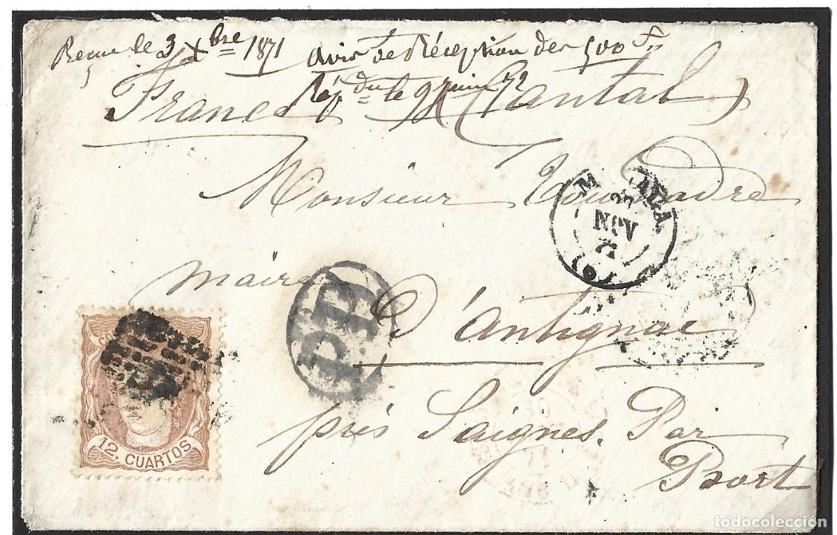 Sellos: 1871 carta M&aacute;laga a Francia franqueo 12c. Alegor&iacute;a de Espa&ntilde;a