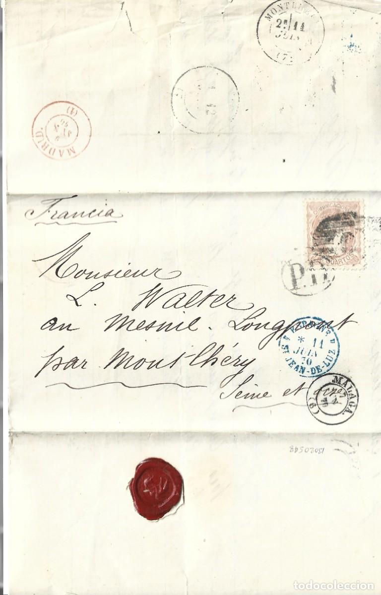 Sellos: 1871 carta M&aacute;laga a Francia franqueo 12c. Alegor&iacute;a de Espa&ntilde;a