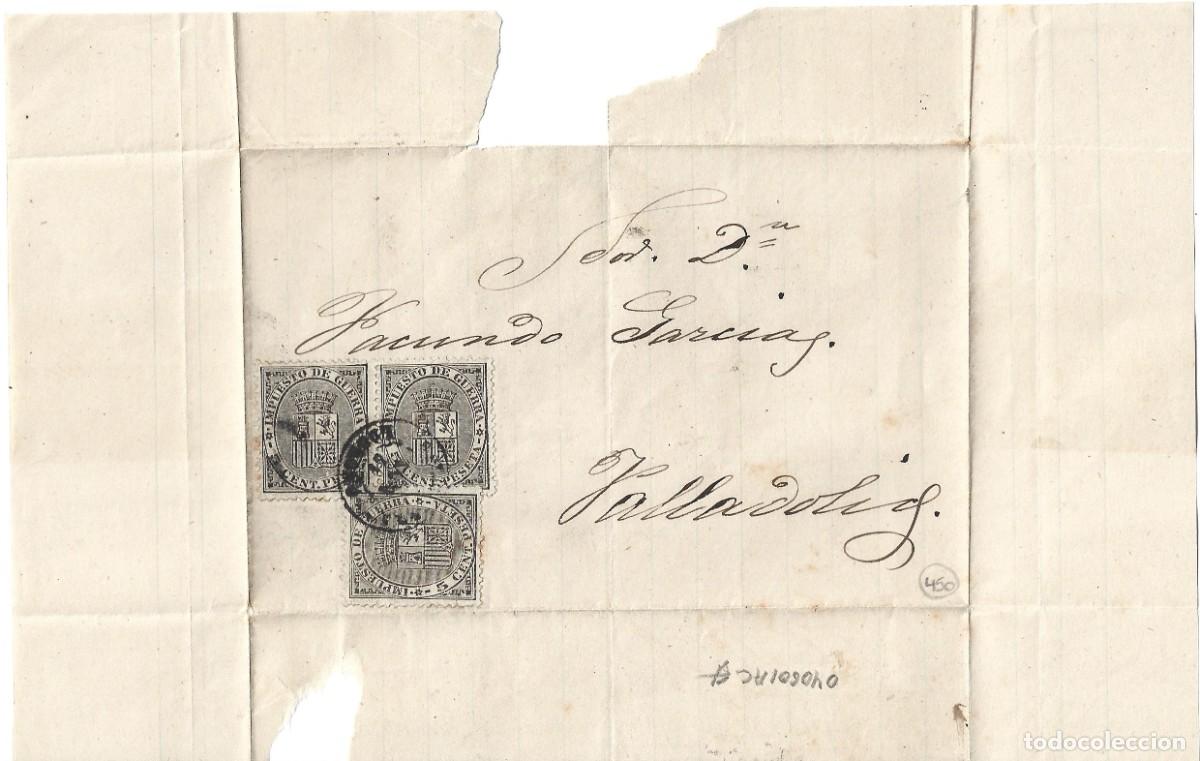 Sellos: 1874ca carta envuelta La Rioja - Logro&ntilde;o franqueo excepcional 5c. Imp. Guerra (x3) LEER