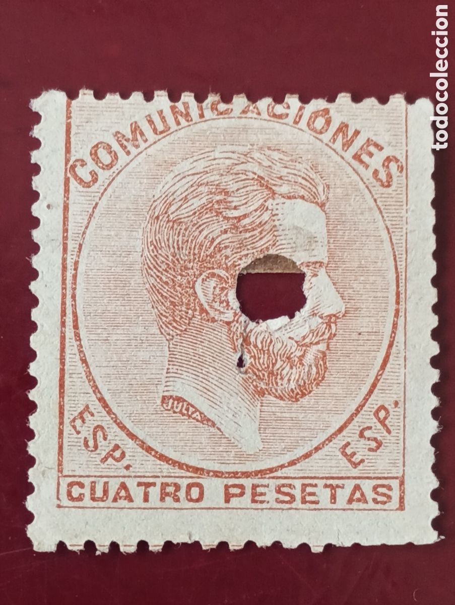 Sellos: SELLOS ESPA&Ntilde;A USADOS 1872 AMADEO I TEL&Eacute;GRAFOS 4 PTS. EDIFIL 128AT CASTA&Ntilde;O OSCURO