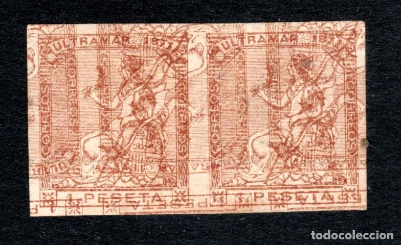 Sellos: EDIFIL 135 ALEGOR&Iacute;A DE ESPA&Ntilde;A 1873. PAREJA (VARIEDAD..DOBLE IMPRESI&Oacute;N, UNA INVERTIDA/MACULATURA).