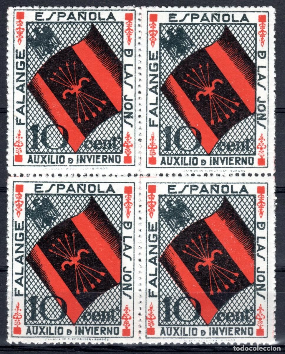 Sellos: AUXILIO DE INVIERNO. FALANGE ESPA&Ntilde;OLA DE LAS JONS. BANDERA DE FALANGE Y &Aacute;GUILA. 10 CTS. ALLEPUZ 14.