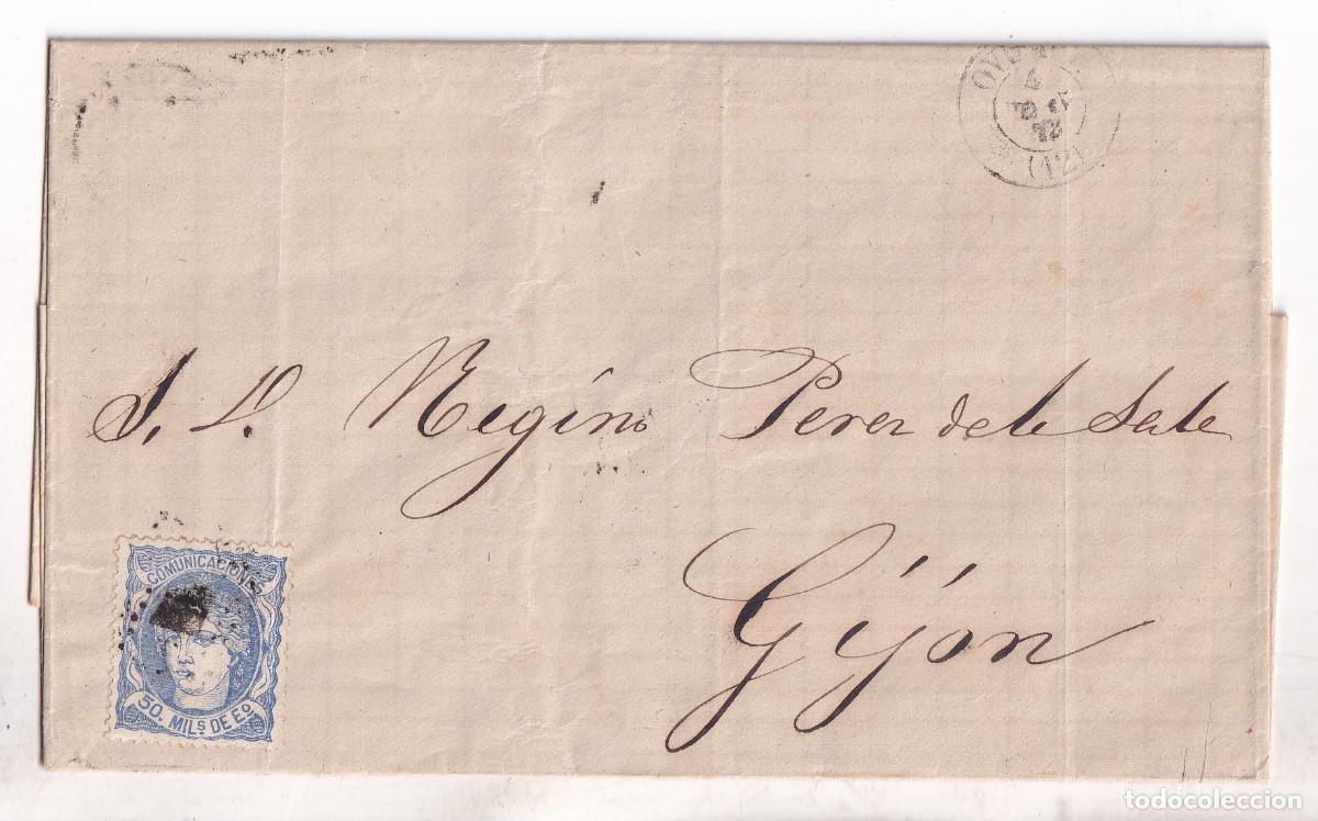 Sellos: CARTA ENTERA. PEDRO MASAVEU. OVIEDO. 1872.A GIJ&Oacute;N. ASTURIAS