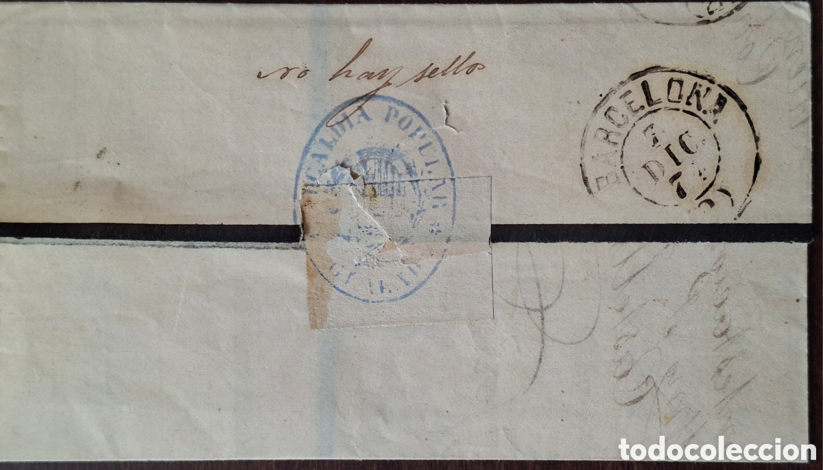 Timbres: Espa&ntilde;a Carta NO HAY SELLOS Alcaldia Popular Barcelona 1874