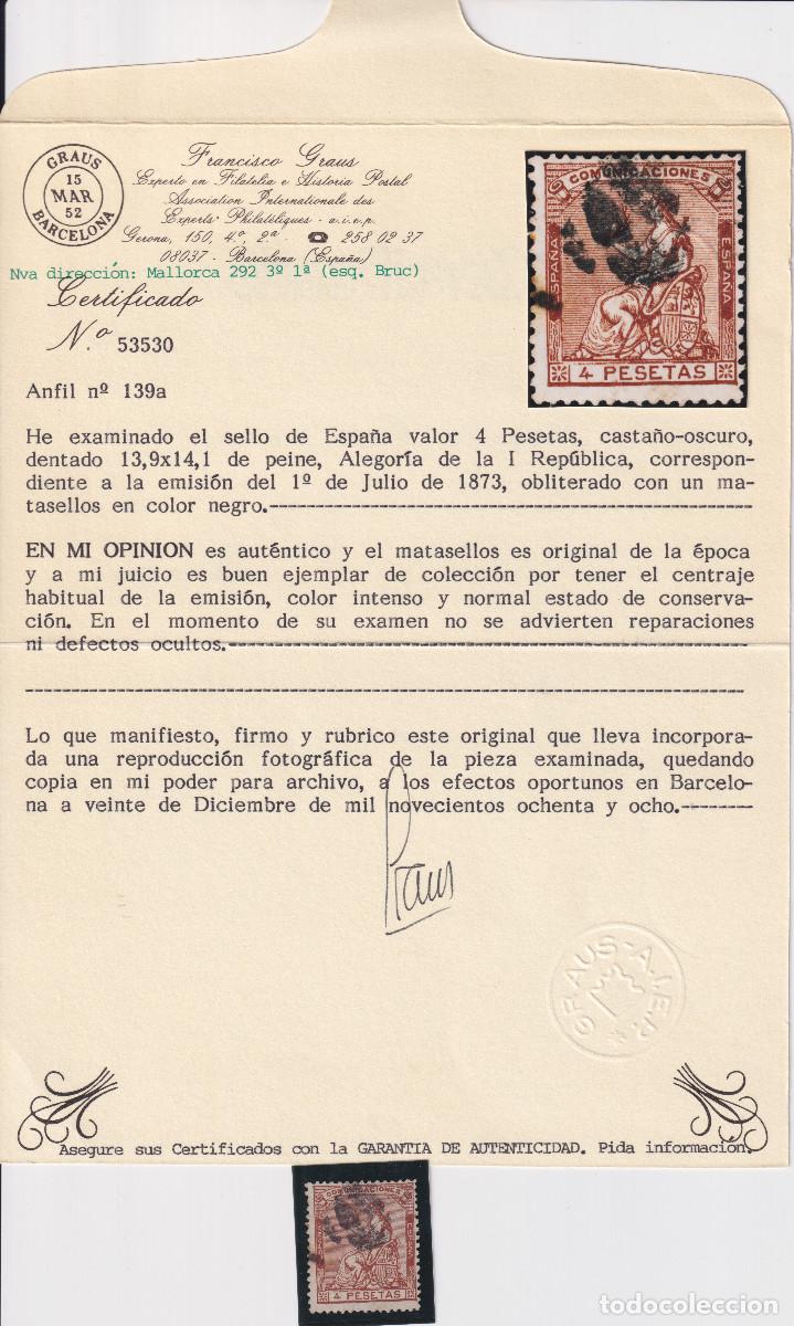 Sellos: ALEGORIA DE ESPA&Ntilde;A &ordm; 139 - A&Ntilde;O 1873 - CERTIFICADO GRAUS