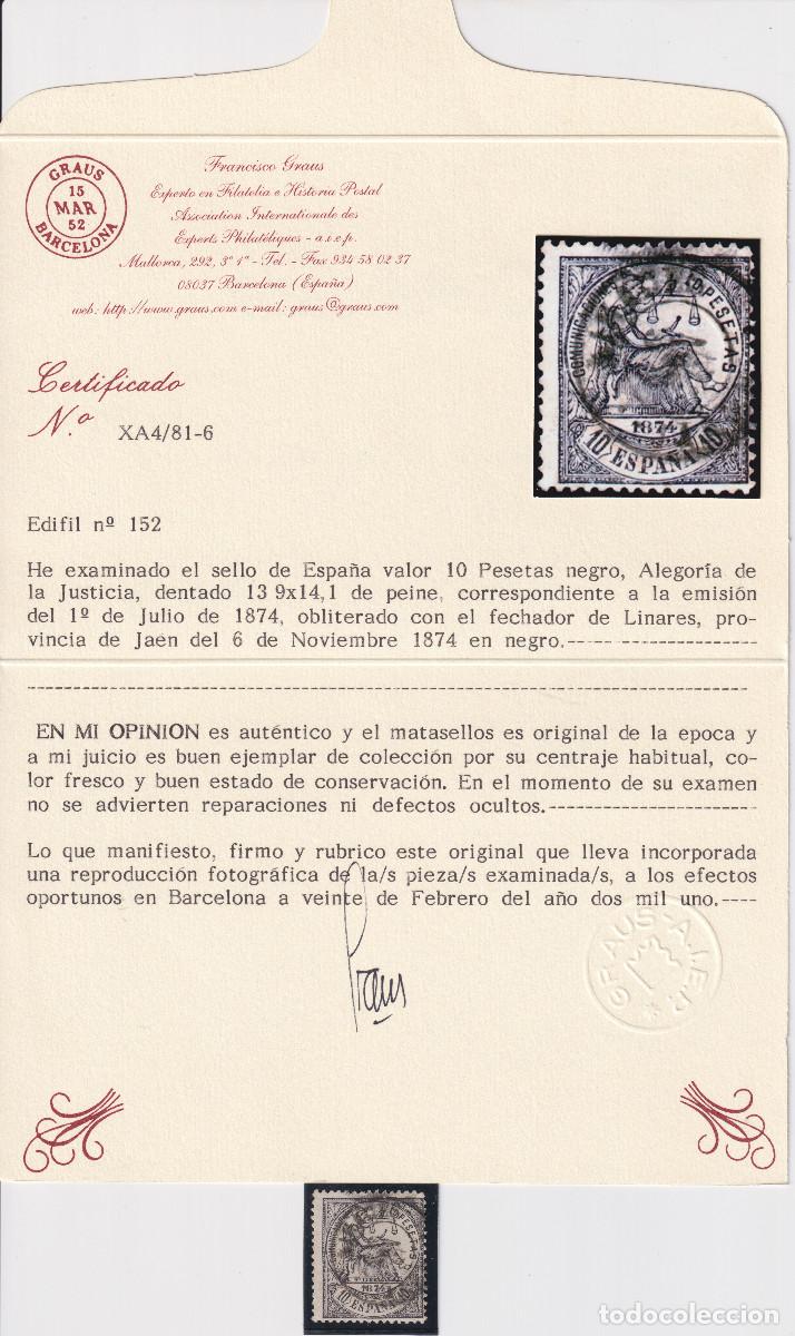 Sellos: ESPA&Ntilde;A ALEGORIA DE LA JUSTICIA &ordm; 152 - A&Ntilde;O 1874 - CERTIFICADO GRAUS