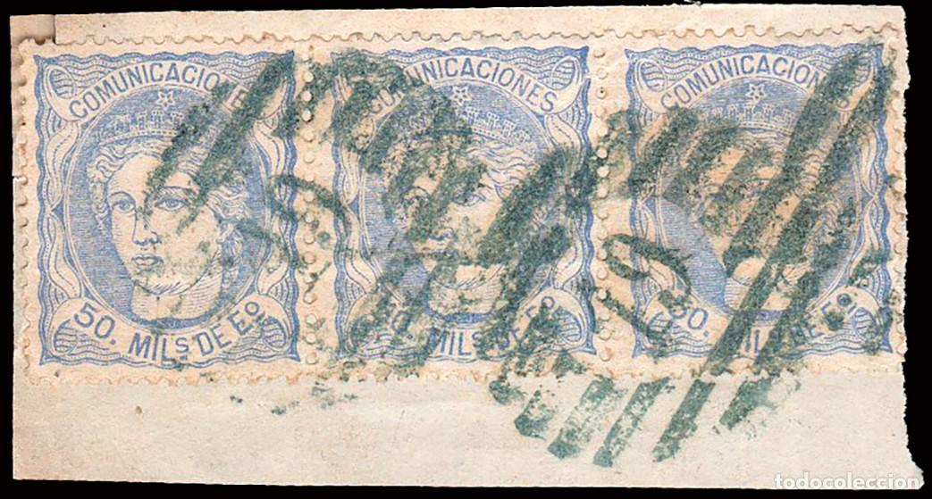 Sellos: Badajoz - Edi o 107 Tira 3 - 50 mil&eacute;simas - Fragmento Mat Parrilla con cifra azul &rdquo;19 - Badajoz&rdquo;