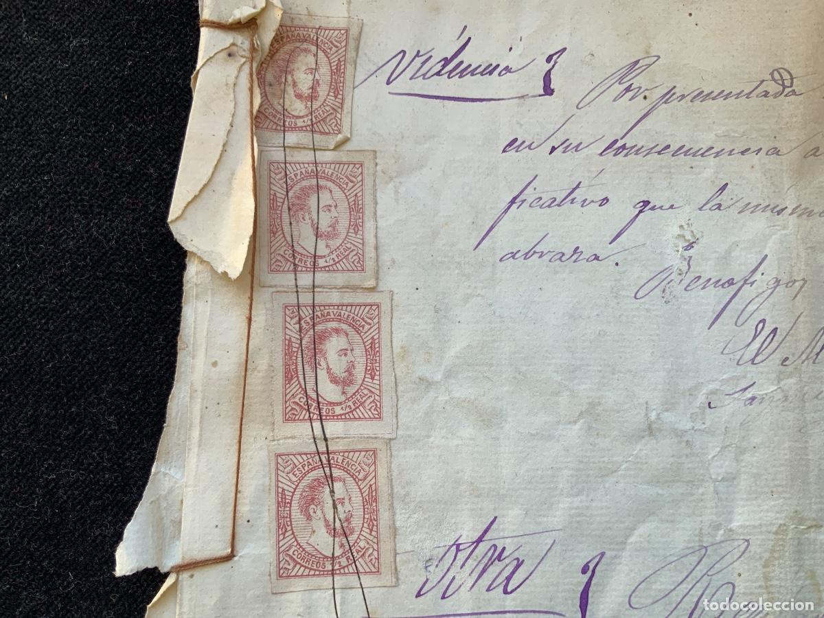 Sellos: Documento manuscrito 1875, sellos de Amadeo I, 1/2 real carmin, Espa&ntilde;a Valencia, Benafigos.