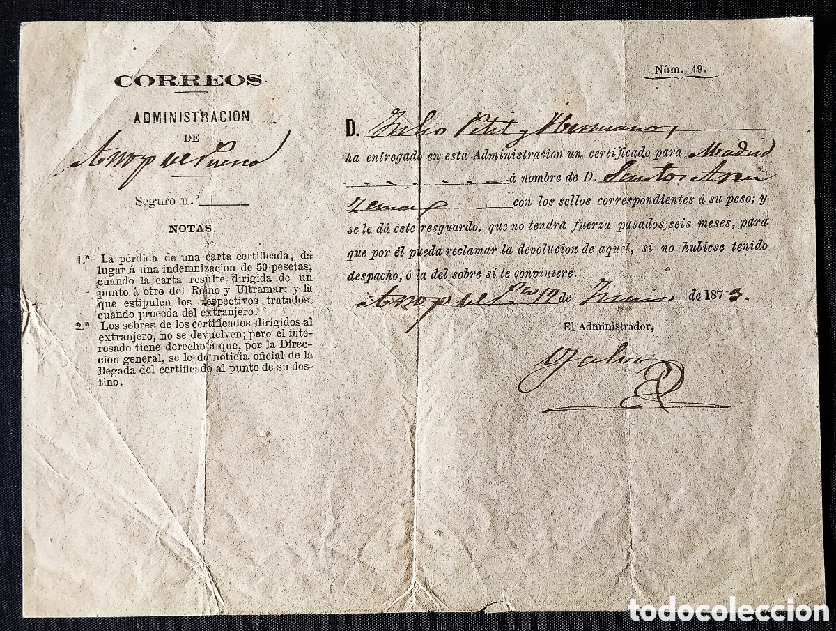 Sellos: ESPA&Ntilde;A. RECIBO de CARTA CERTIFICADA de ARROYO DEL PUERCO: Fechado el d&iacute;a 12 de junio de 1873. RRR