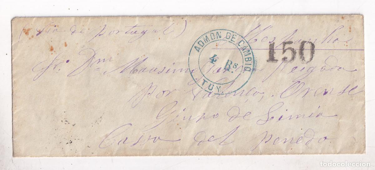 Sellos: SOBRE. PERNAMBUCO. BRASIL. 1872. A GINZO DE LIMIA. OURENSE. RAR&Iacute;SIMA ADMON. DE CAMBIO. TUY