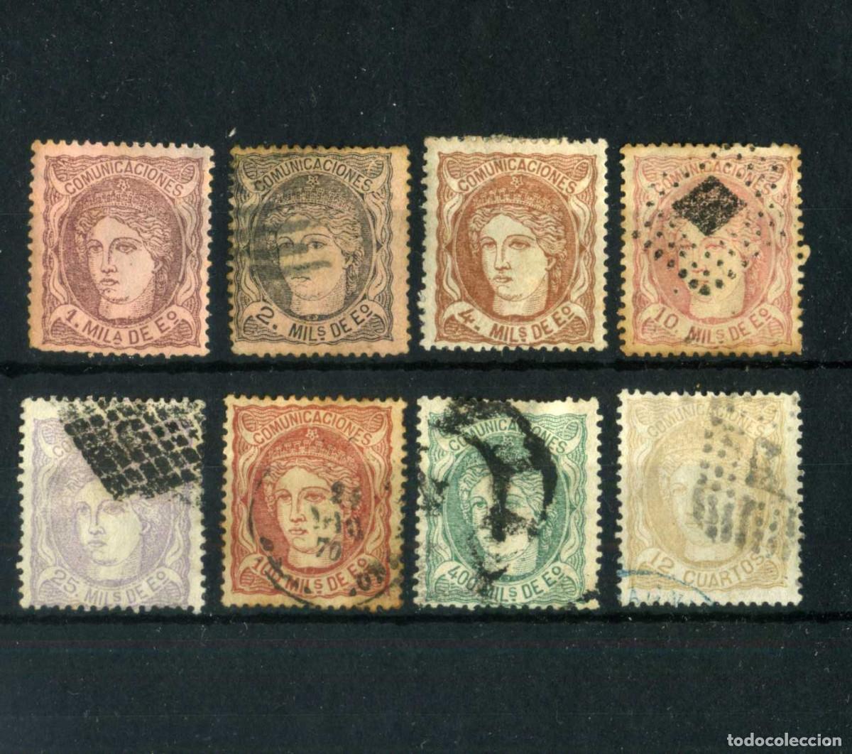 Francobolli: XS- Gobierno Provisional 1870 Lote x8 sellos ESCASOS destaca 400 Mil. de Escudo verde