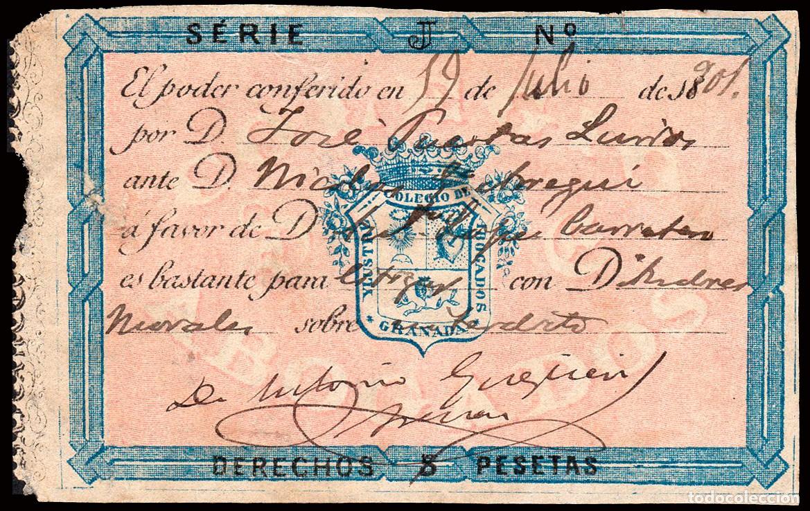 Sellos: Espa&ntilde;a - Fiscales - Siglo XIX - Abogados - Granada &rdquo;Pro Colegio Abogados - 5 Ptas.&rdquo;