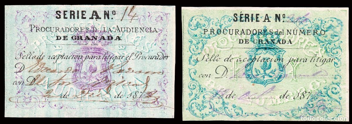 Sellos: Espa&ntilde;a - Fiscales - Siglo XIX - Abogados - 2 valores Granada &rdquo;Pro Colegio Procuradores&rdquo;