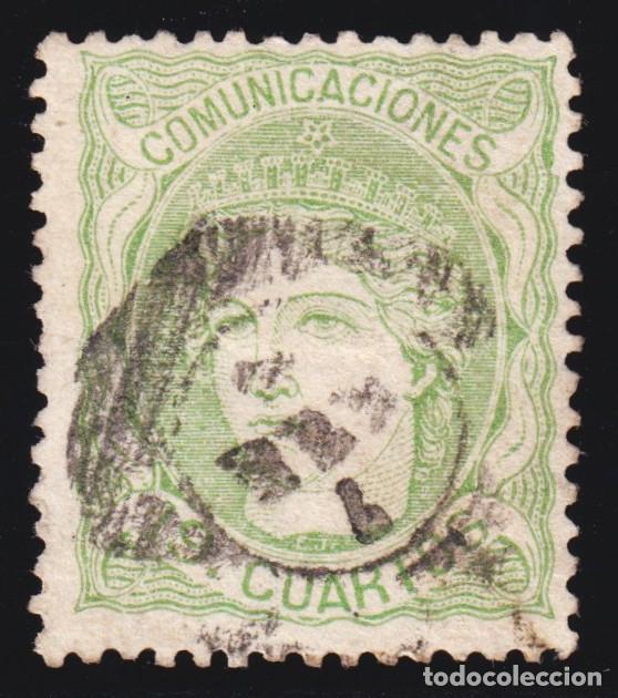 Sellos: EFIGIE ALEGORICA DE ESPA&Ntilde;A - N&ordm; 114 - A&Ntilde;O 1870 - 19 CUARTOS VERDE