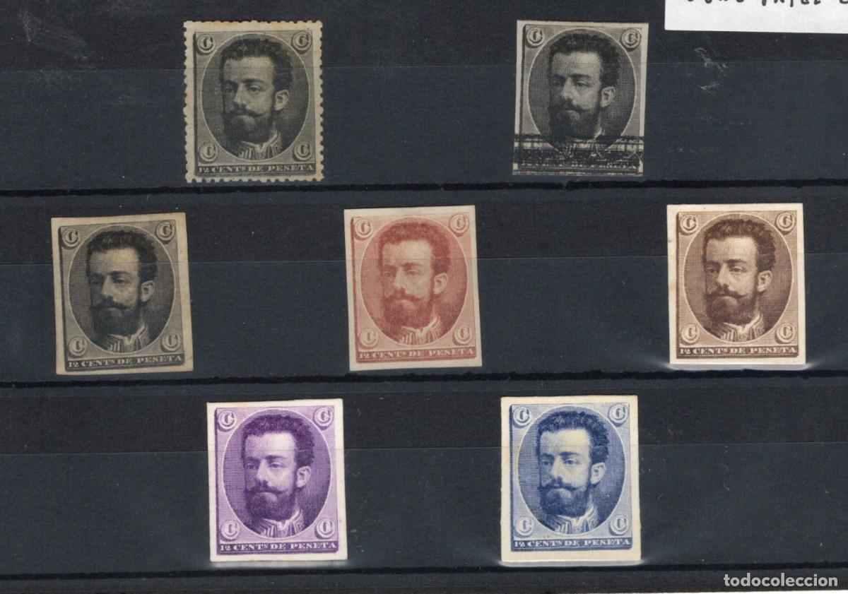 Sellos: PC935 Sellos Espa&ntilde;a a&ntilde;o 1872 AMADEO 7 pruebas en diferentes colores sobre papel o cartulina
