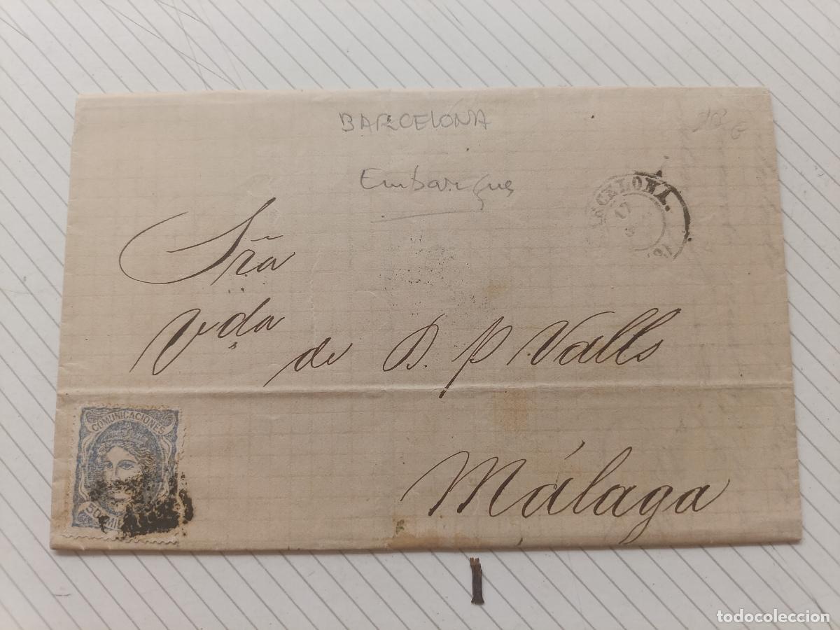 Sellos: Barcelona a M&aacute;laga. Carta circulada, 1872, membrete comerciante Barcelona Puerto Cabello, Venezuela