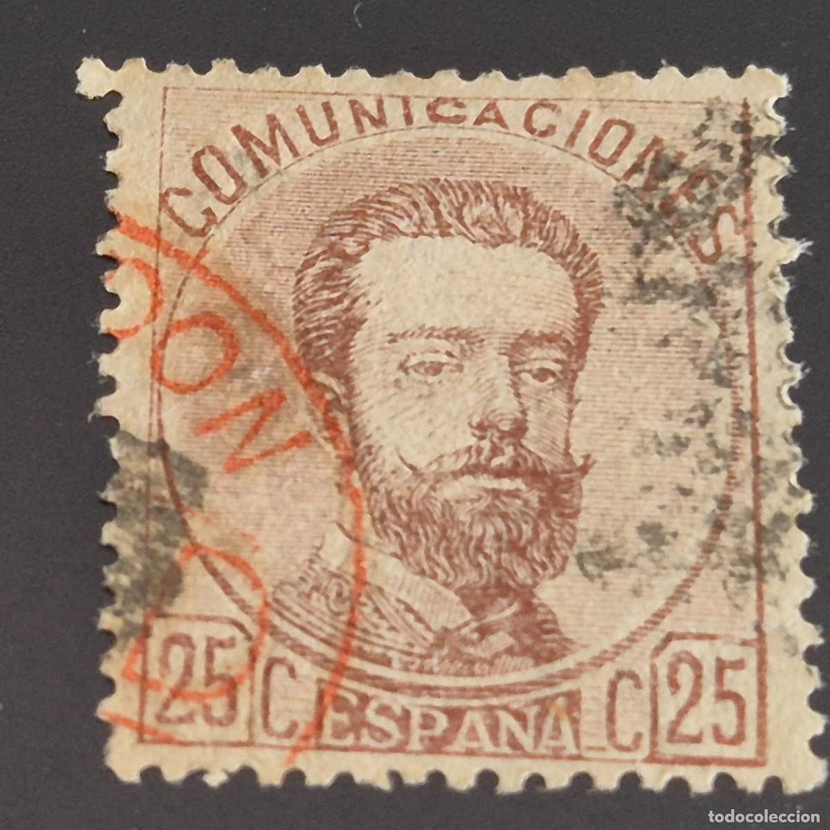 Sellos: ESPA&Ntilde;A, 1872, AMADEO I, EDIFIL 124, MATASELLO LONDON / PAID EN ROJO, RARO, LEER, ( LOTE AR )