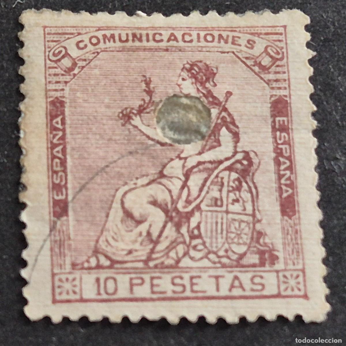 Sellos: ESPA&Ntilde;A, 1873, ALEGOR&Iacute;A REP&Uacute;BLICA, EDIFIL 140, VARIEDAD 140T TALADRADO, TEL&Eacute;GRAFOS, ( LOTE AR )