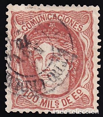 Sellos: ESPA&Ntilde;A, 1870 EDIFIL N&ordm; 108, 100 m. casta&ntilde;o rojizo.