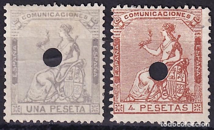 Sellos: ESPA&Ntilde;A, 1873 EDIFIL N&ordm; 138, 139, [Taladro de tel&eacute;grafos.]