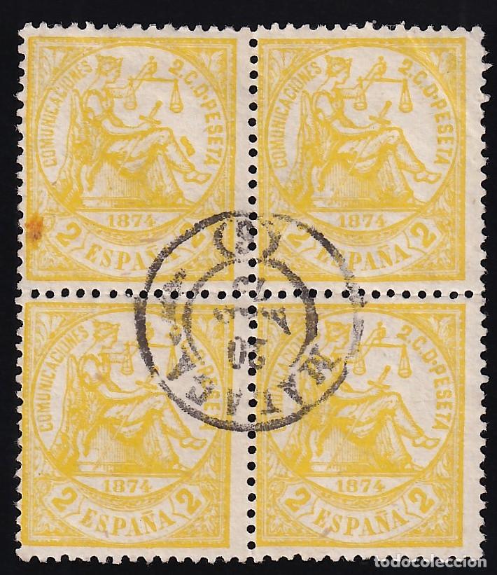 Sellos: ESPA&Ntilde;A, 1874 EDIFIL N&ordm; 143, 2 c. amarillo [Bloque de Cuatro.]