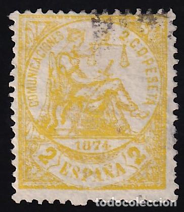 Sellos: ESPA&Ntilde;A, 1874 EDIFIL N&ordm; 143, 2 c. amarillo