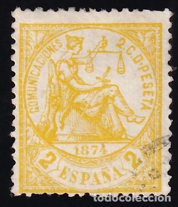 Sellos: ESPA&Ntilde;A, 1874 EDIFIL N&ordm; 143, 2 c. amarillo