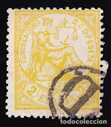 Sellos: ESPA&Ntilde;A, 1874 EDIFIL N&ordm; 143, 2 c. amarillo, [Mat. Frances, &rdquo;Pay&eacute; destination&rdquo;]