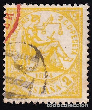 Sellos: ESPA&Ntilde;A, 1874 EDIFIL N&ordm; 143, 2 c. amarillo, [Mat. Frances, &rdquo;Pay&eacute; destination&rdquo;]