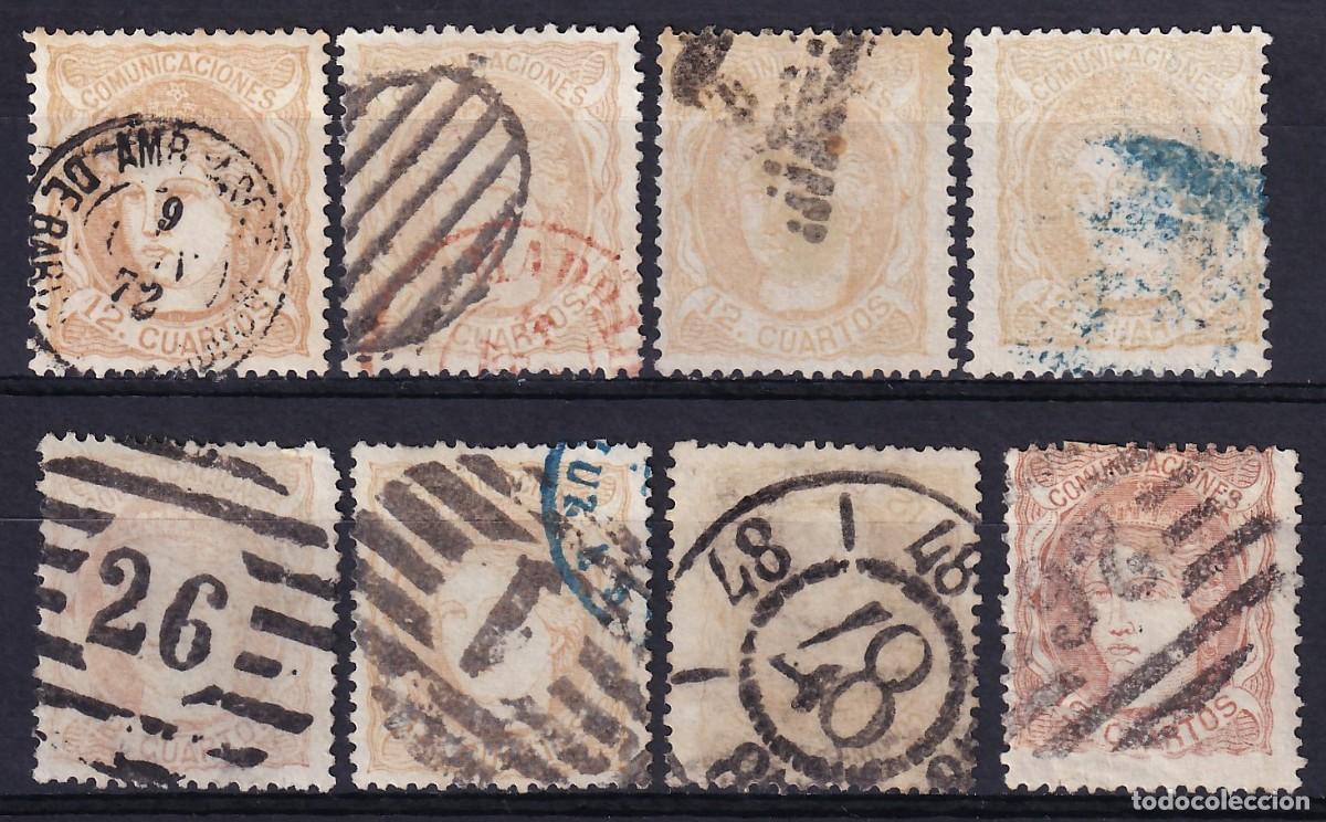 Francobolli: ESPA&Ntilde;A, 1870 EDIFIL N&ordm; 113, 12 cu. casta&ntilde;o rojizo. [Distintos tipos de matasellos.]