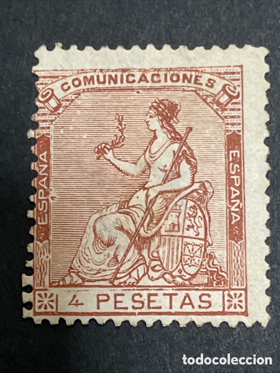 Sellos: Edifil 139 4 pesetas Alegor&iacute;a Espa&ntilde;a, nuevo, ligero adelgazamiento zona pierna, detalle en fotos.