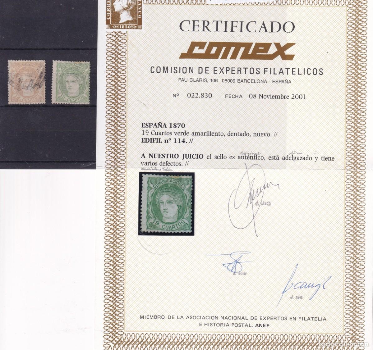 Briefmarken: PC59 Sellos Espa&ntilde;a a&ntilde;o 1870 Edifil 114* y 113&ordm; sellos originales CON CERITIFCADO v.c. 570 &euro;