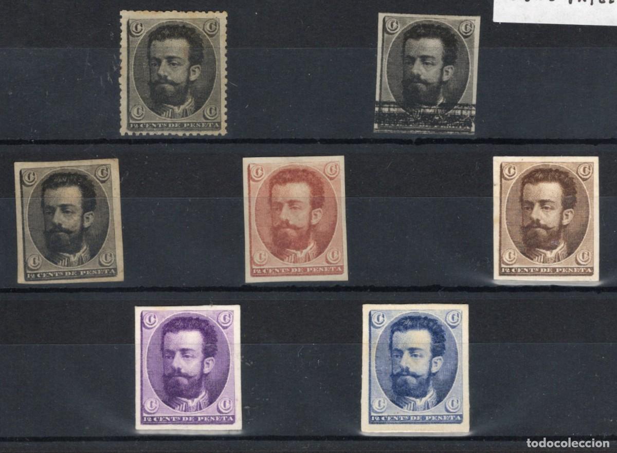 Stamps: PC63 Sellos Espa&ntilde;a a&ntilde;o 1872 AMADEO proyecto no adoptado 7 pruebas en diferentes colores sobre papel