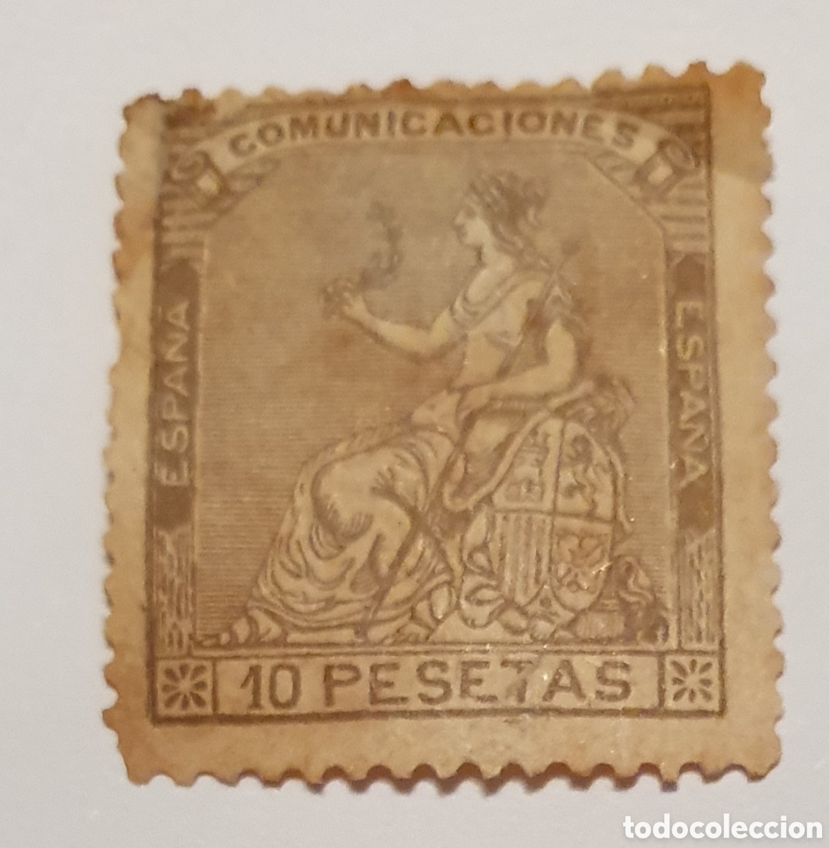 Stamps: Edifil 140. 10 pesetas. Casta&ntilde;o violeta. Alegor&iacute;a de Espa&ntilde;a. A&ntilde;o 1873. I Rep&uacute;blica