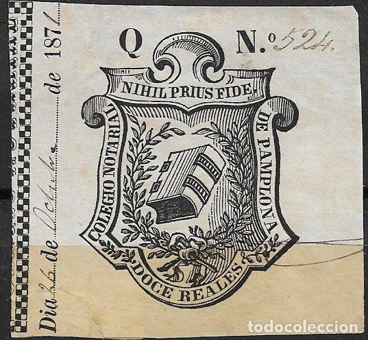 Sellos: 1871 Pamplona, Colegio Notarial, 12 reales negro, usado