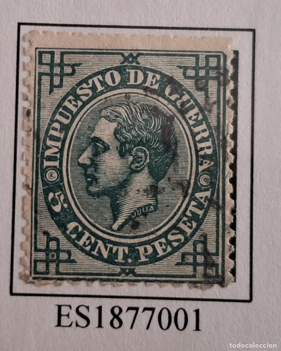 Sellos: Sello usado de Espa&ntilde;a, impuesto de guerra, a&ntilde;o 1877, 5 ctos. de peseta.