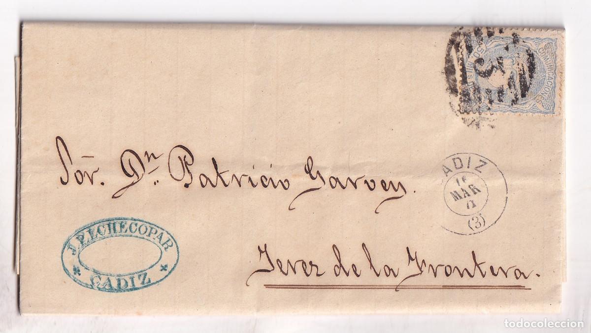 Sellos: CARTA ENTERA. C&Aacute;DIZ A PATRICIO GARVEY EN JEREZ DE LA FRONTERA. 1871. MATRONA